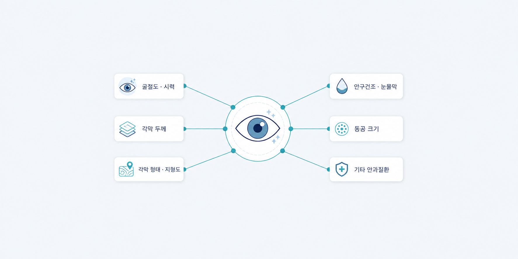 라식 전 검사 항목: 굴절도와 시력, 각막 두께, 각막 형태와 지형도, 안구건조와 눈물막, 동공 크기, 기타 안과질환